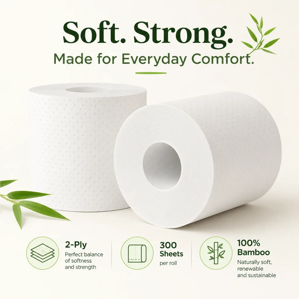 Bamboo Toilet Paper – 24 Rolls, 300 Sheets per Roll